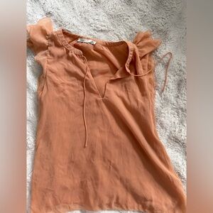 Dex Peach-Orange Flutter Sleeve Tie-Neck Top